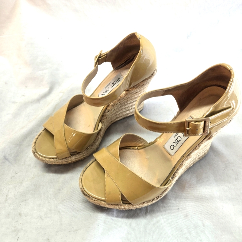 Jimmy Choo Women's 38.5 Wedge Espadrilles Nude Patent Leather Sandals - Picture 2 of 7